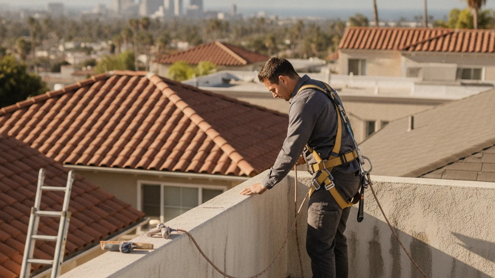 A commercial low-slope roof in San Diego with a stucco parapet wall, metal coping cap, a roof drain, and membrane running up the wall base