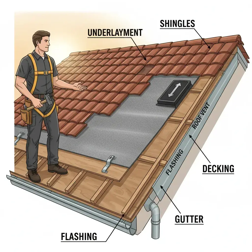 Aerial view of a San Diego residential roof showing the framing planes and ridges that determine how much roofing material is needed.
