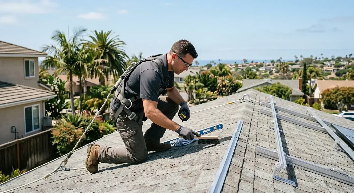 Roofing professionals inspecting a San Diego home's roof before solar panel installation