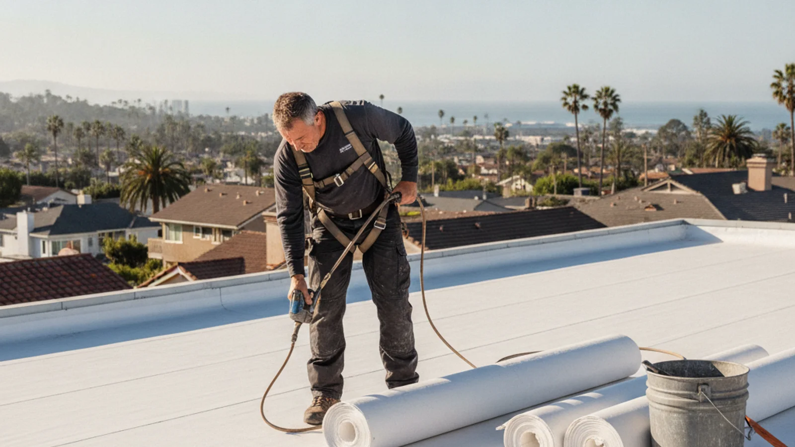 A white single-ply membrane roof on a San Diego low-slope building with welded seams, roof drains, and mechanical penetrations visible