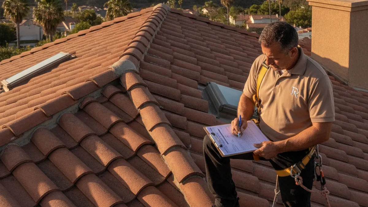 A roofer completing a written roof certification form on a clipboard while standing on a San Diego home's roof edge