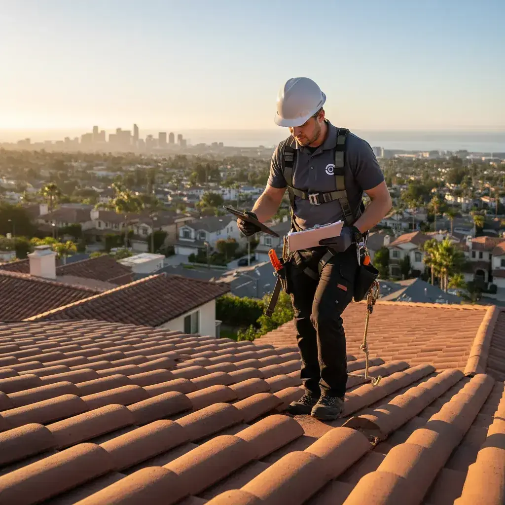 A licensed roofer photographing a tile roof during a pre-purchase inspection on a Carlsbad home, with inspection report and moisture meter visible in the foreground