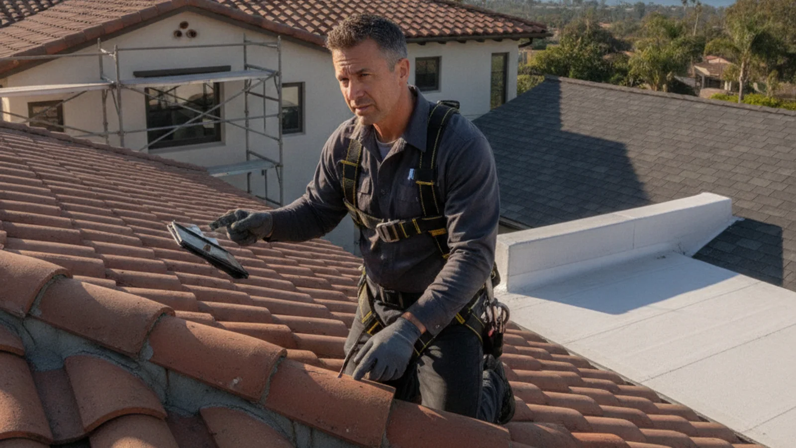 An inspector on a tile roof of a San Diego home taking notes during a pre-purchase inspection, with a ladder set against the eave