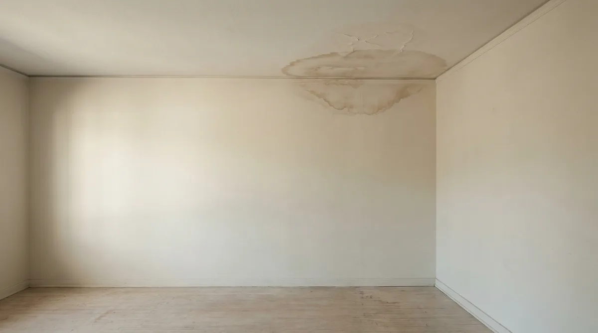 A damp ceiling and wall corner inside a San Diego home showing early water staining from a roof leak.