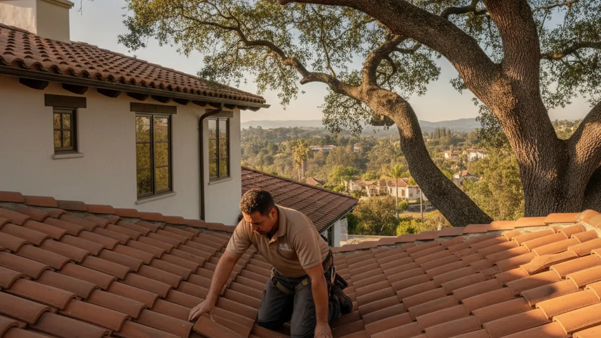 A roofer inspecting a tile roof valley beneath mature oak trees on a Fairbanks Ranch estate, checking for underlayment failure