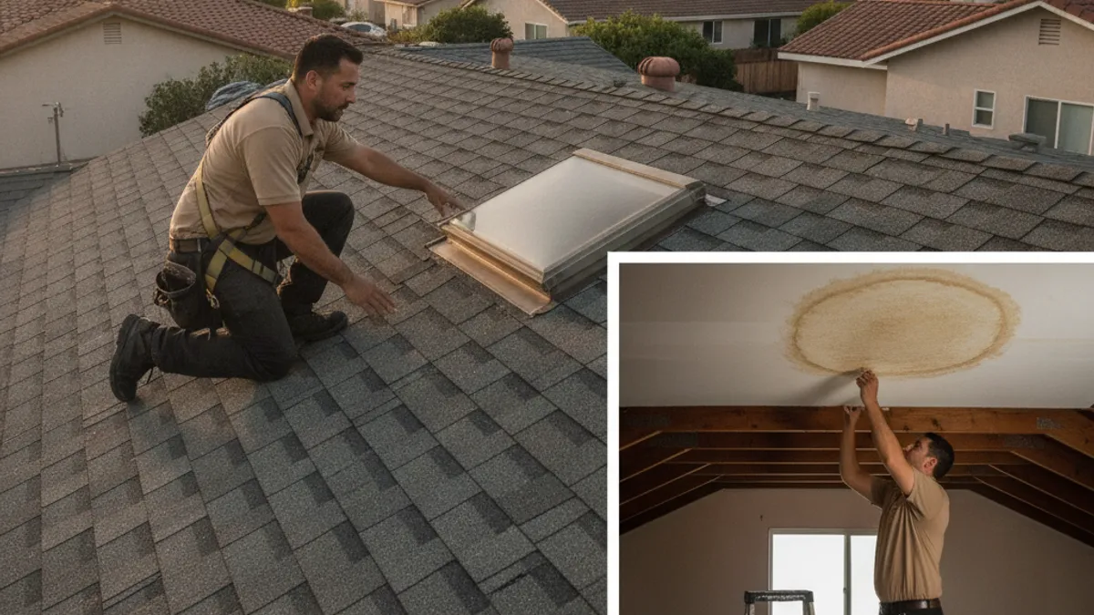 A roofer inspecting a water-stained ceiling area and matching original shingle roof on a 1970s Mira Mesa tract home