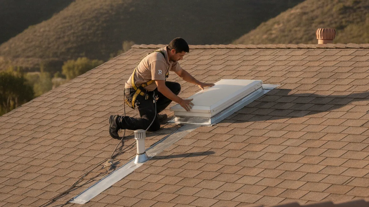 A roofer checking flashing and shingles on a 1980s tract home in Rancho Penasquitos near the Black Mountain open space canyon edge
