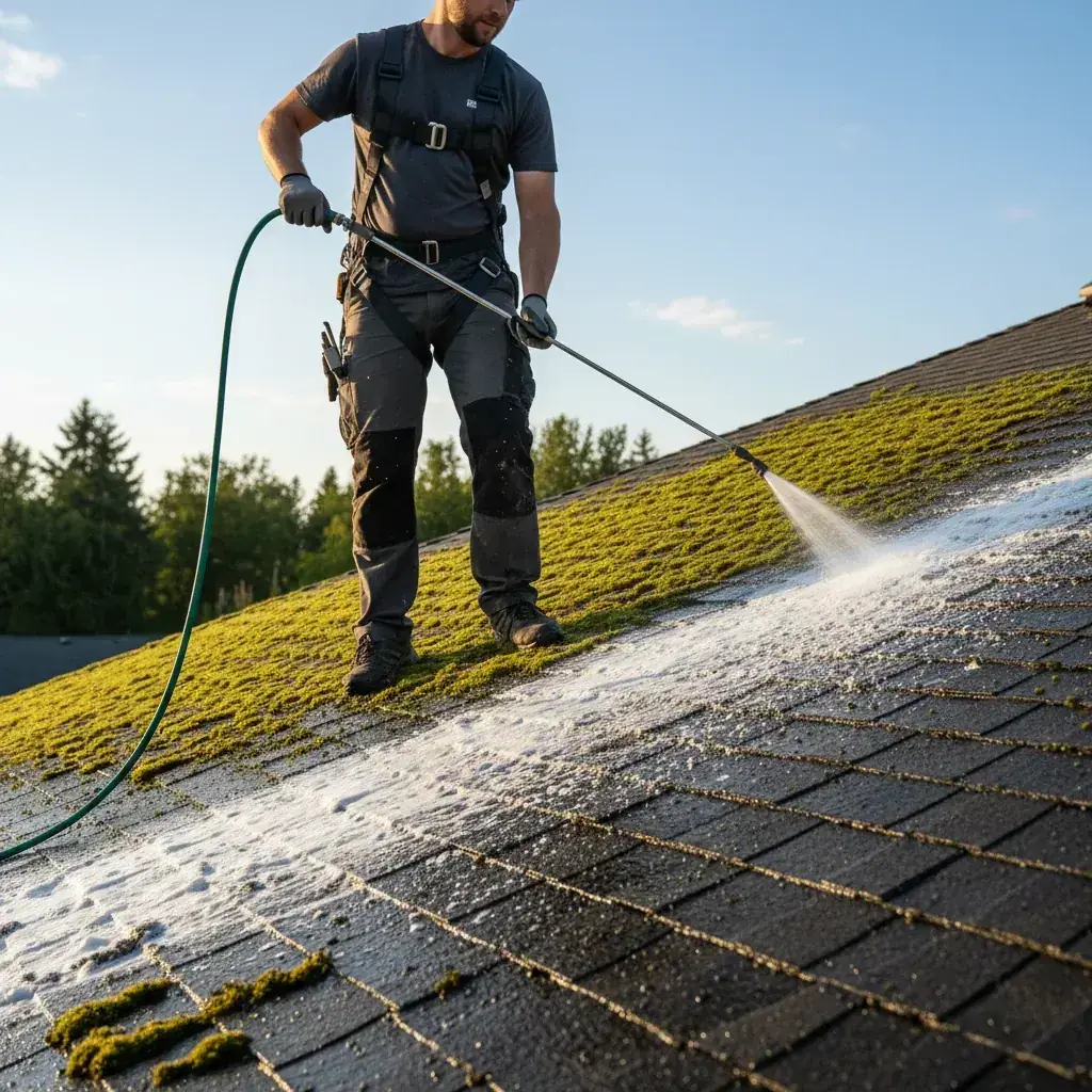 A roofing professional using a low-pressure soft wash sprayer to treat roof moss.