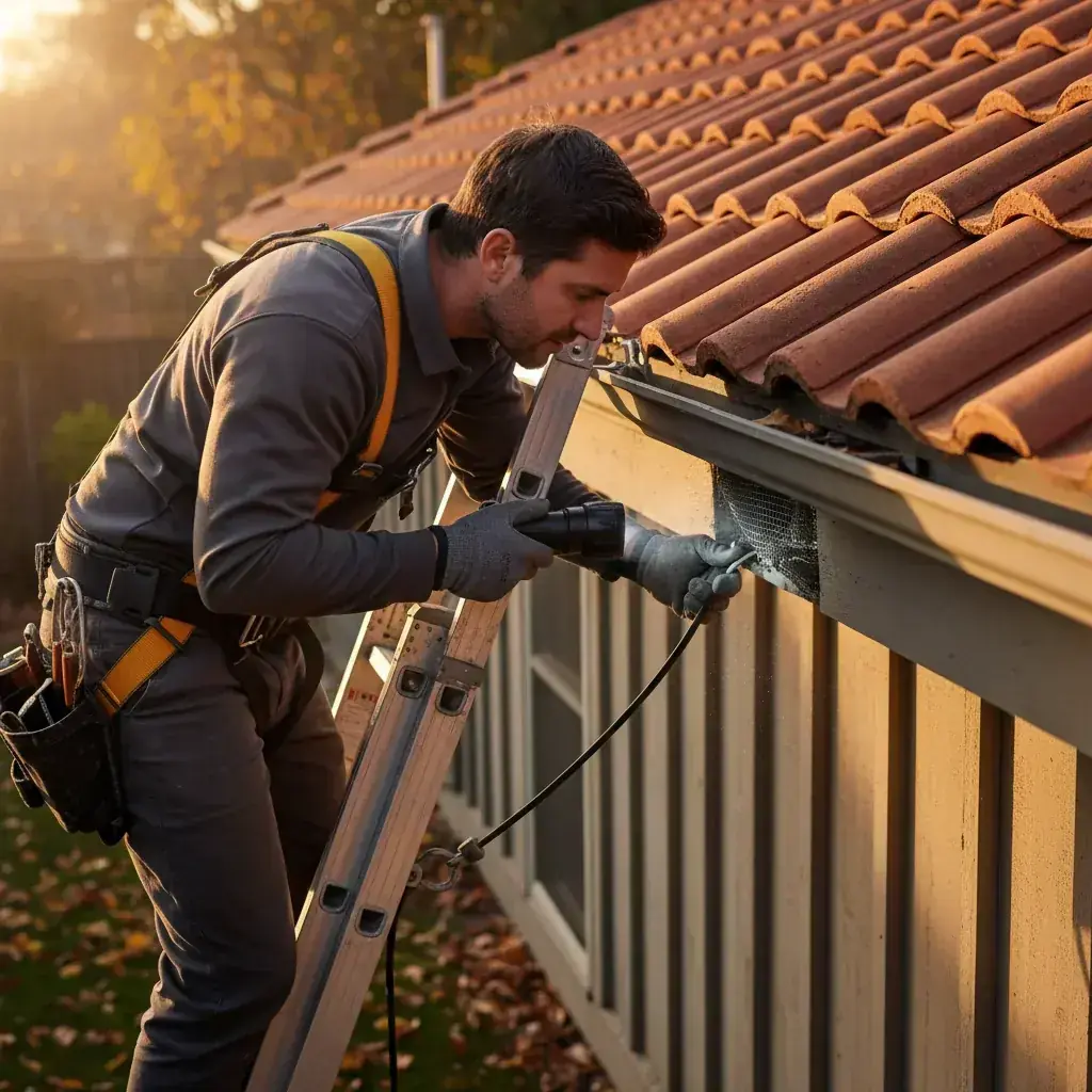 Roofer inspecting an eave for ember intrusion gaps with a flashlight.