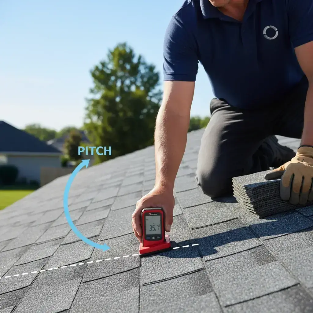 Roofer using a digital pitch gauge against shingles on a sloped roof