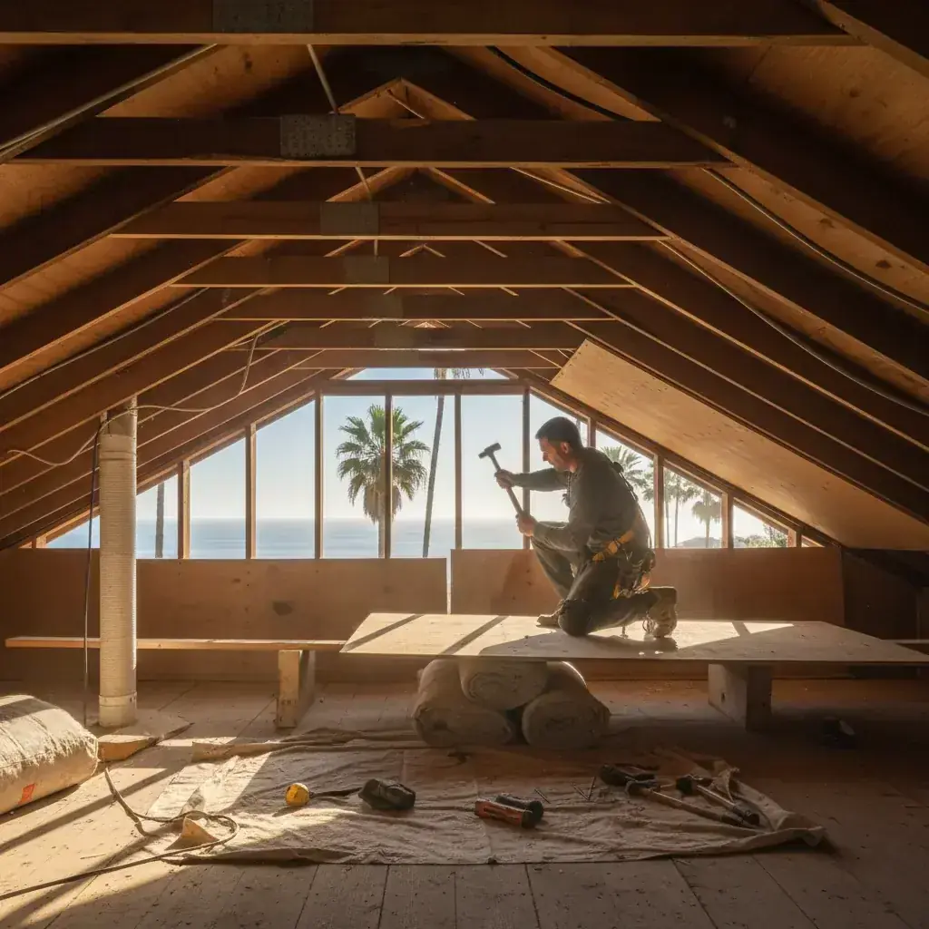Interior attic view of exposed wooden roof rafters with sunlight streaming through, San Diego home