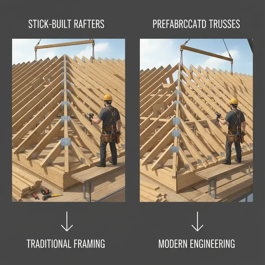 Side-by-side illustration: stick-built rafters on the left, prefabricated trusse