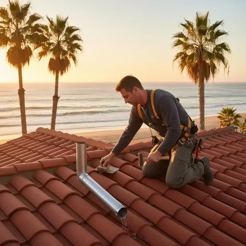 A Carlsbad coastal home with a Spanish tile roof and the Pacific Ocean in the background
