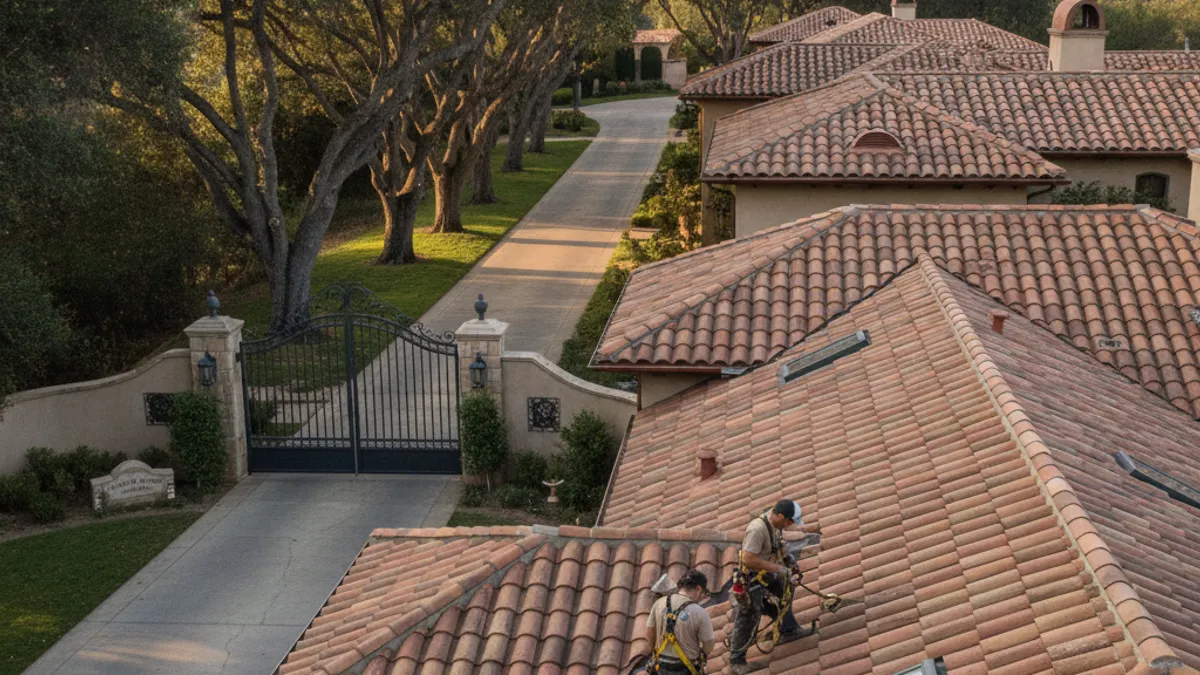 A large estate home behind a gated entrance in Fairbanks Ranch with a barrel tile roof and mature oak trees framing the driveway