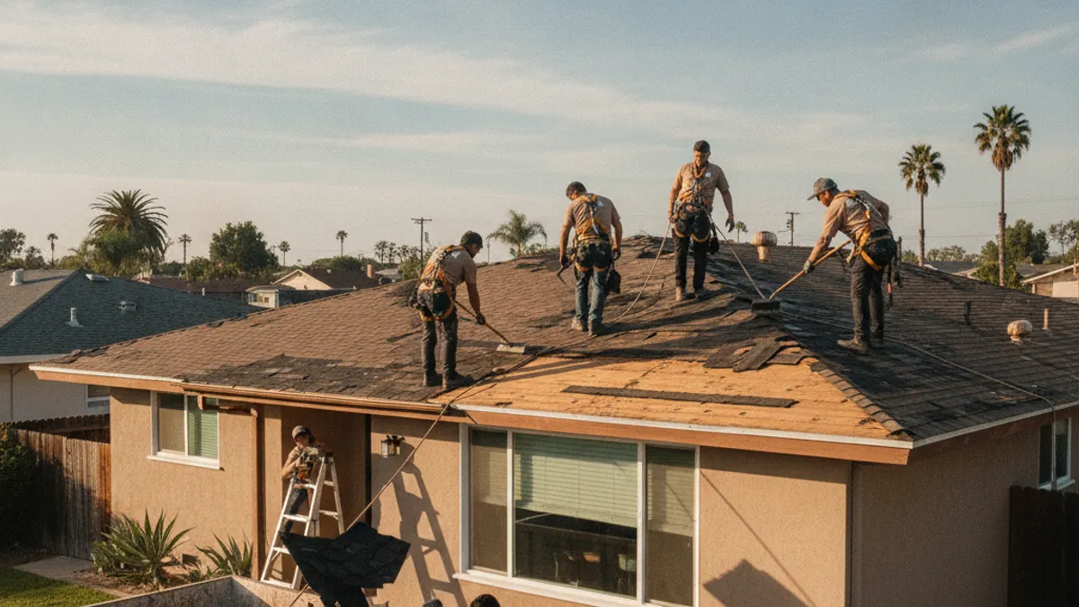 A mid-century single-story home in Kearny Mesa with a crew tearing off old composition shingles under a bright inland sky