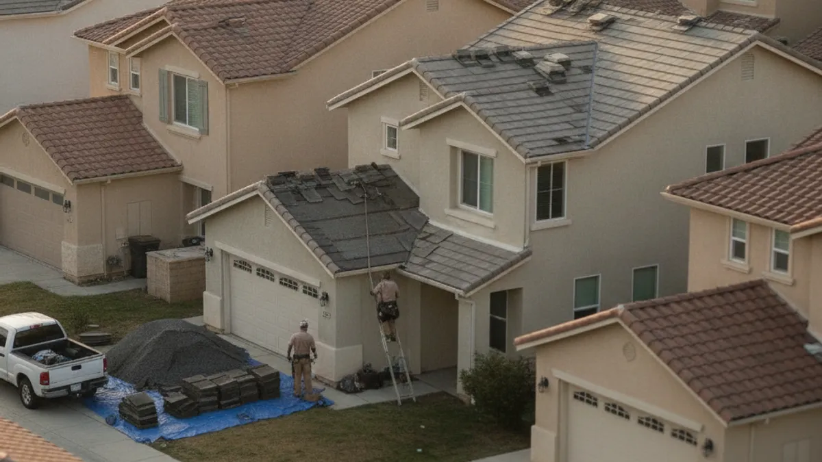 Rows of tract homes in Mira Mesa with several roofs mid-tear-off, original composition shingle stacked in a driveway