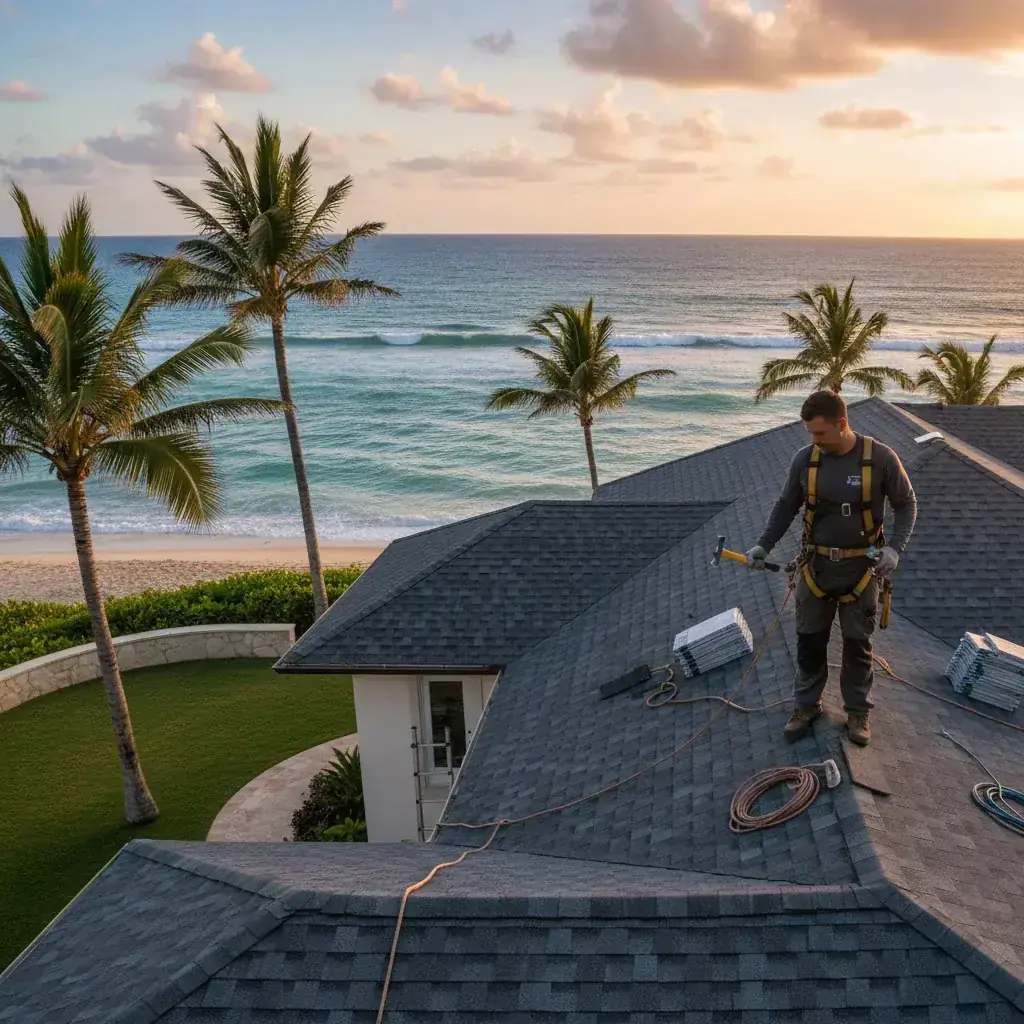 An Oceanside, California home with a freshly installed shingle roof, palm trees and the Pacific Ocean in the background.