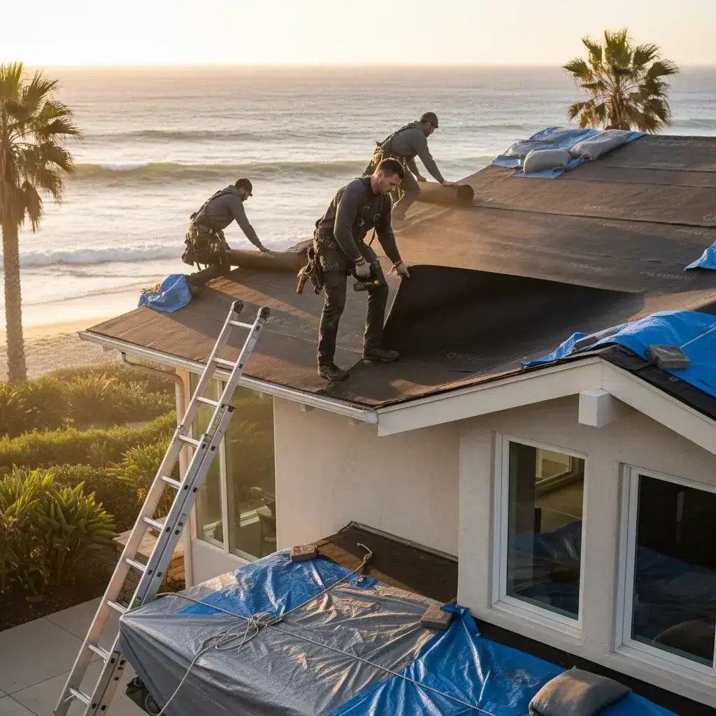 Roofing crew installing underlayment on an Oceanside home, ocean breeze, ladder 