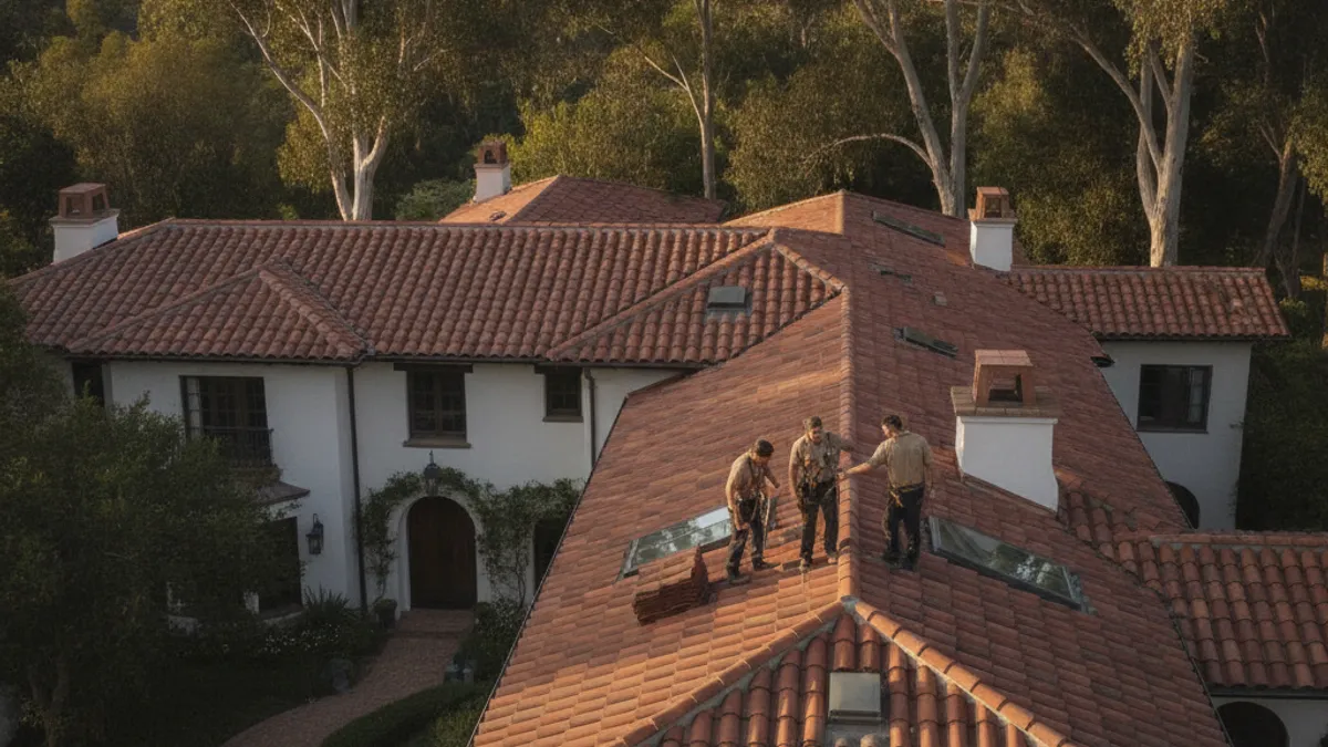 A sprawling Spanish colonial estate in Rancho Santa Fe with a red clay tile roof surrounded by mature eucalyptus trees