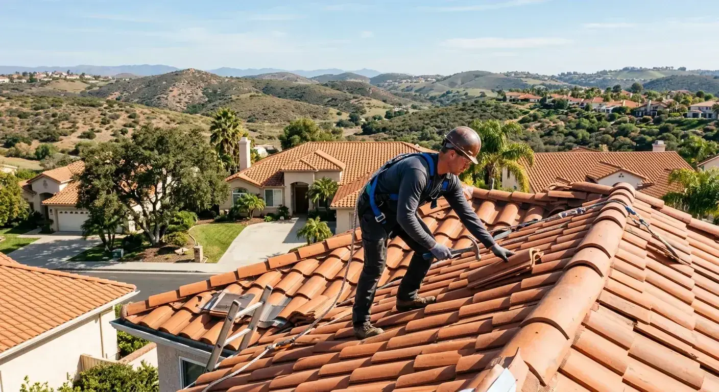 A beautiful tile roof on a suburban home in San Marcos, CA, with the rolling hills of North County in the background during a sunny day.