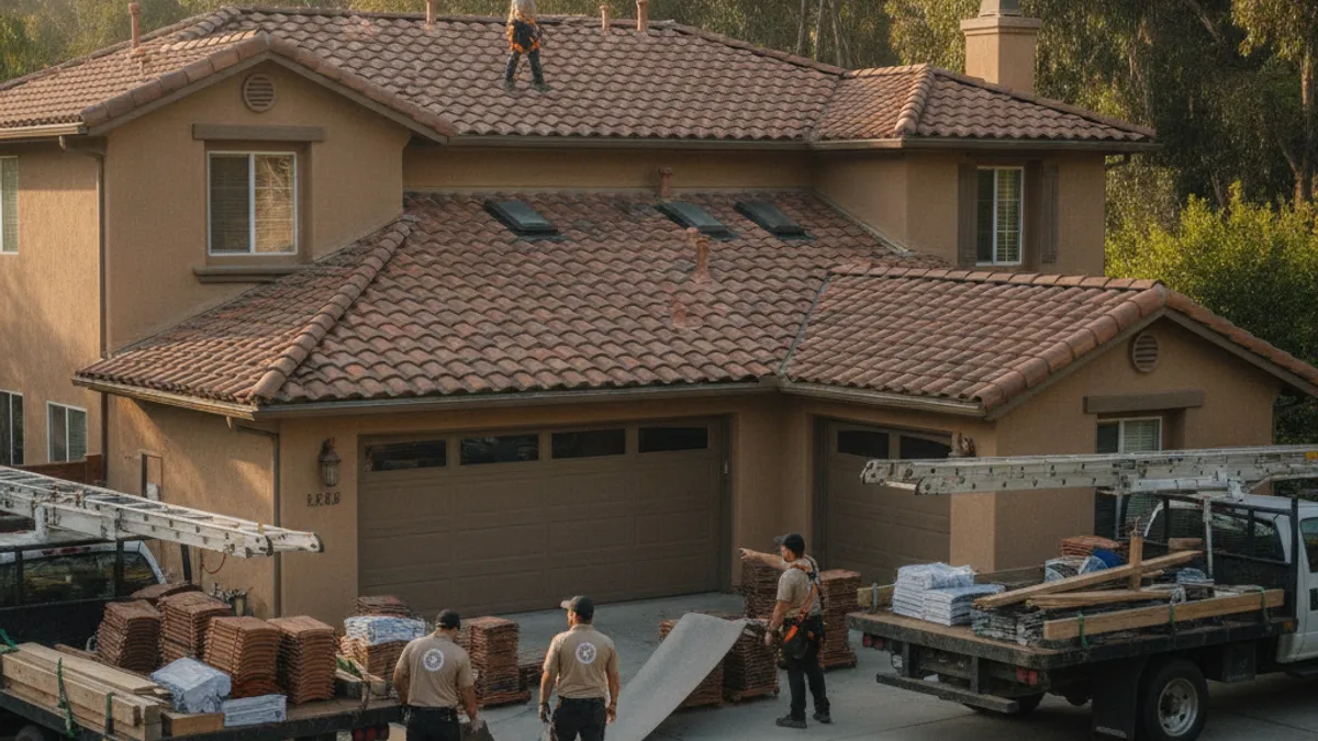 A tile-roofed home in Scripps Ranch near the eucalyptus canyon tree line with a roofing crew staging materials in the driveway