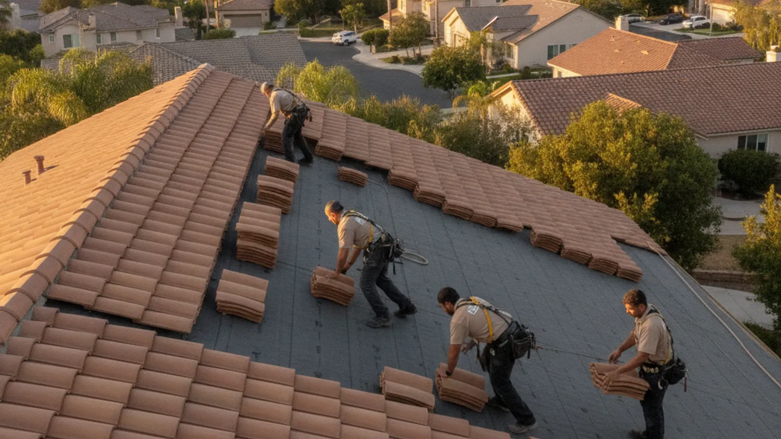 A concrete tile roof mid lift-and-relay on a Shadowridge home in Vista, California, with tile stacked nearby and underlayment exposed in warm afternoon light