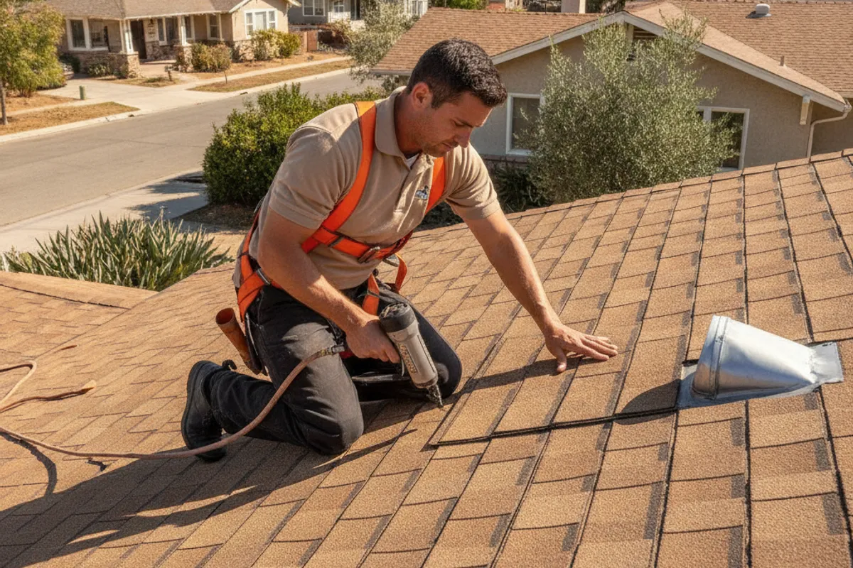 A San Diego roofer installing architectural asphalt shingles on a Vista Village home under a bright inland sun