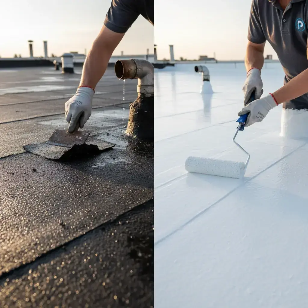 Side-by-side close-up: weathered modified bitumen on the left, freshly coated white elastomeric on the right