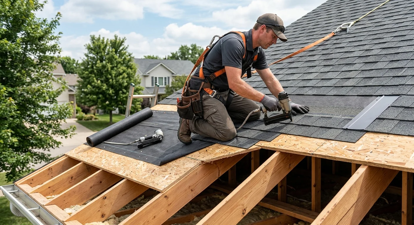 Cutaway showing sheathing, rafters, underlayment, and roofing