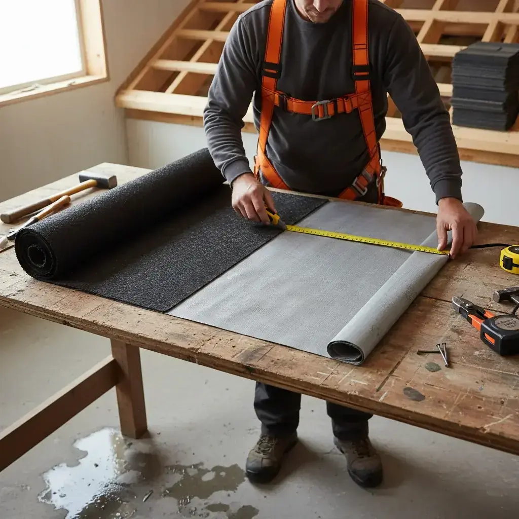 Side-by-side comparison of black 30-pound felt paper and gray synthetic underlay