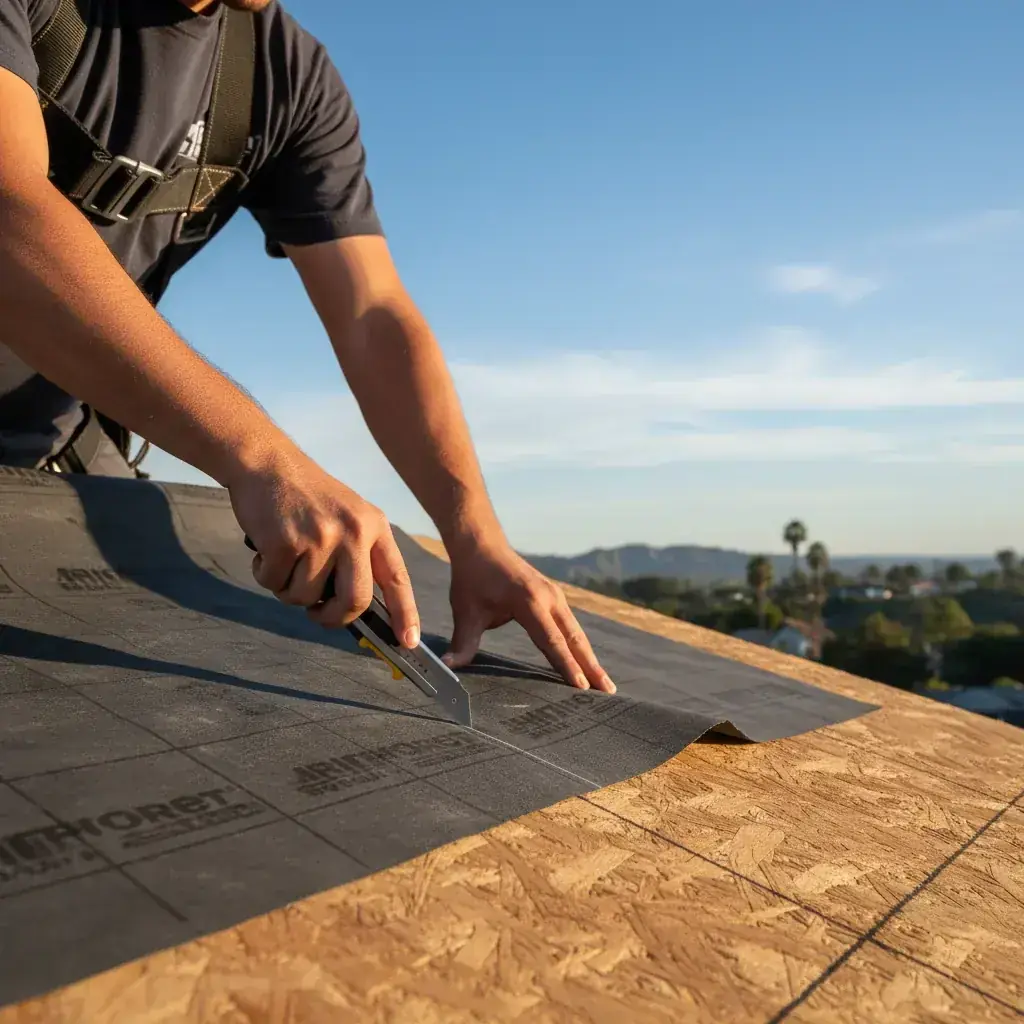 A roofing crew installing synthetic underlayment over the deck of a San Diego home, with rolls of underlayment, drip edge, and ice-and-water shield visible