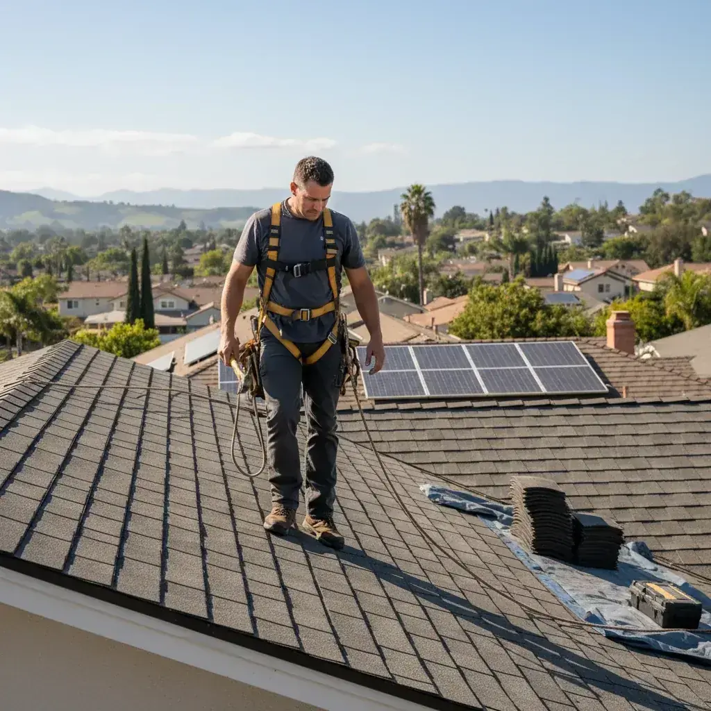 Top rated San Diego roofing contractor on a steep-pitched tile roof, fully PPE'd, inspecting flashing detail