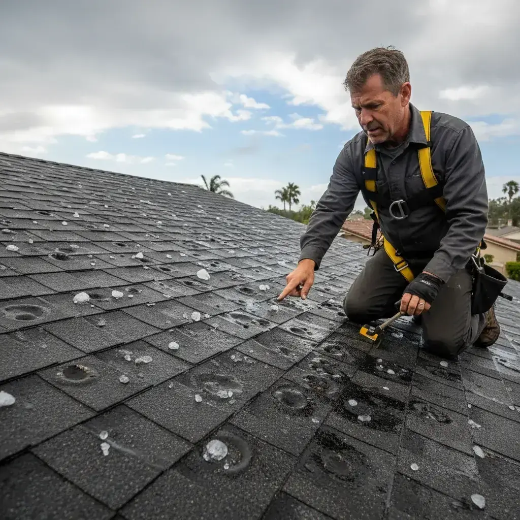 A roofer inspecting wind-lifted shingles along the ridge of a Ramona home after a Santa Ana wind event, illustrating the kind of damage Class H wind-rated shingles are designed to resist