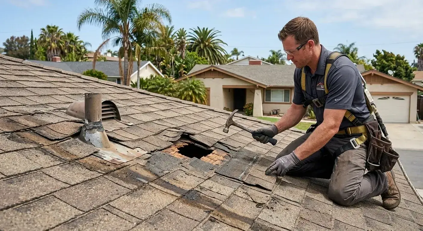 A San Diego roofer pointing out granule loss and shingle curling on an aging asphalt roof in Poway, showing visible signs of wear that indicate replacement is near