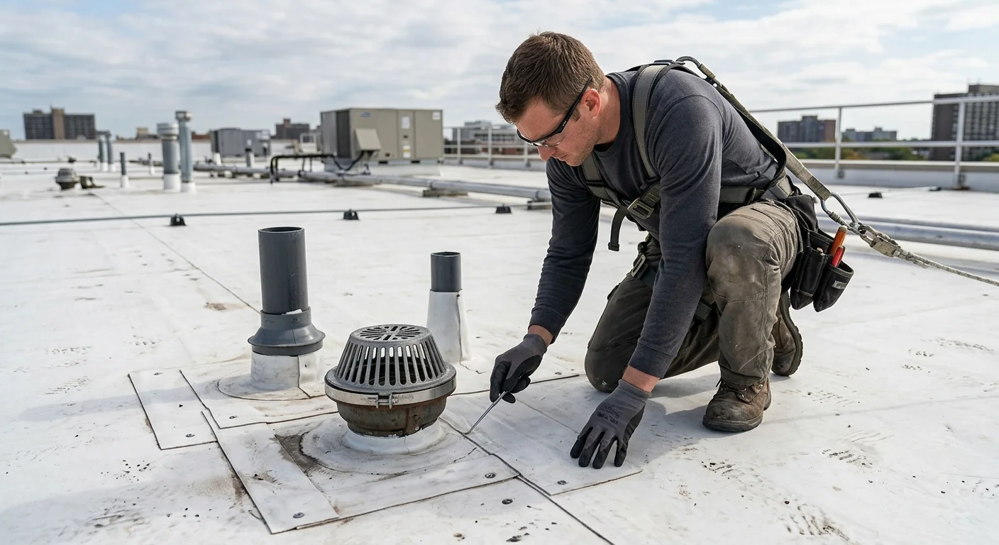 Commercial roofer inspecting a single-ply membrane roof seam