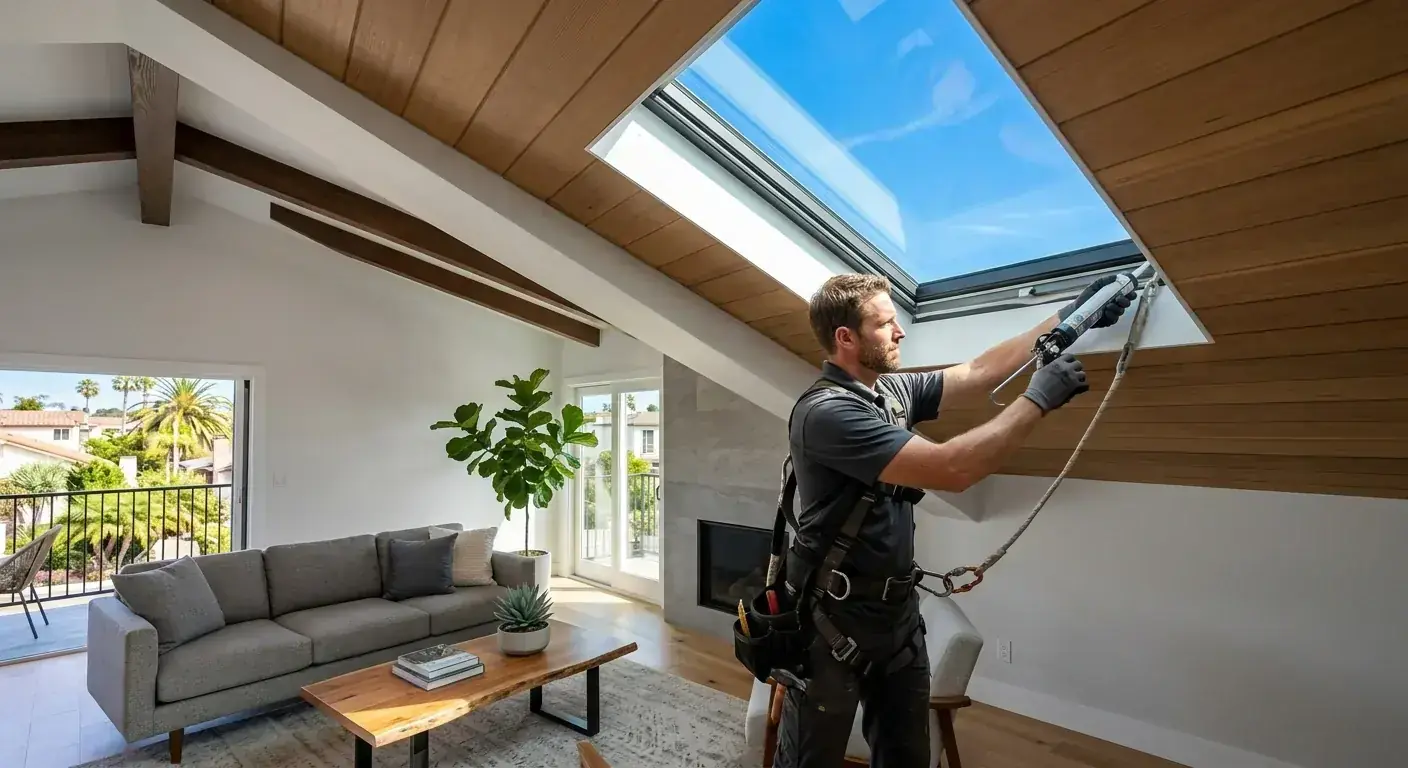 A roofer removing an aging dome skylight on a 1980s San Diego home in preparation for installing a new Velux deck-mount unit with proper flashing kit