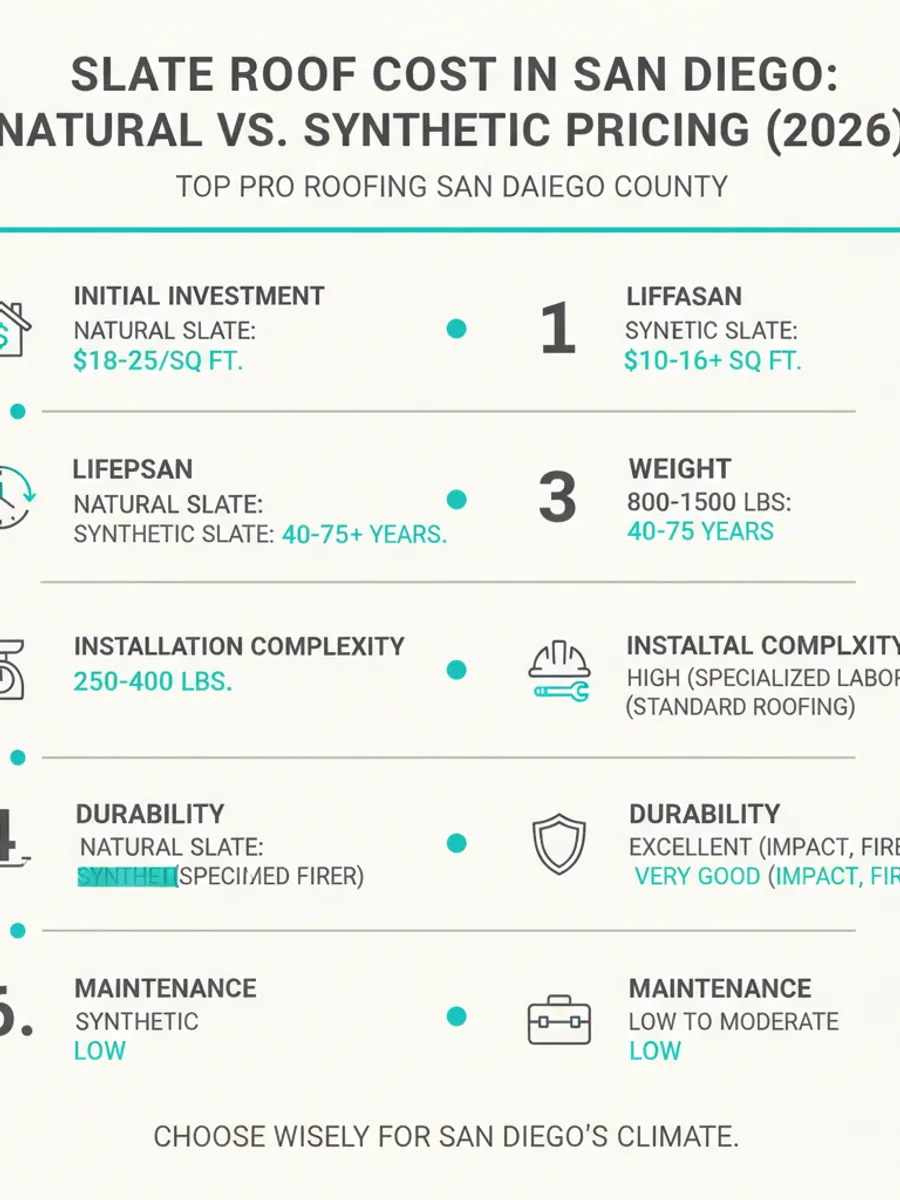 Side-by-side comparison of natural slate tiles and synthetic composite slate panels on a San Diego roofing contractor's sample board