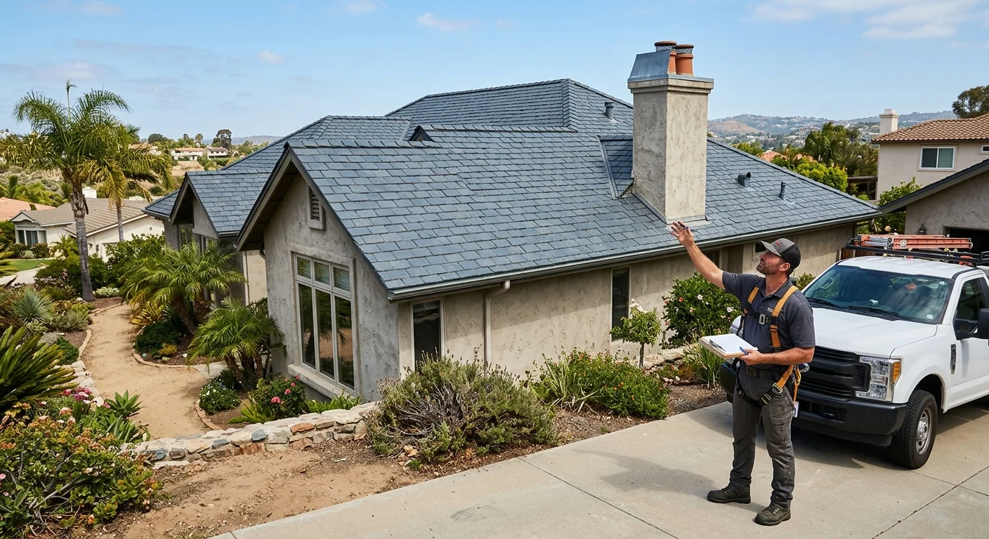 A roofer reviewing slate roof tiles on a San Diego home