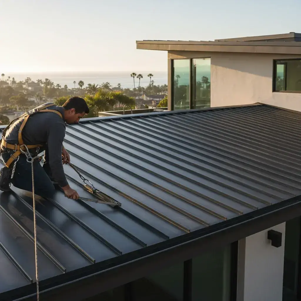 Standing seam aluminum metal roof on a San Diego coastal home, the substrate that handles salt-spray exposure without corroding.