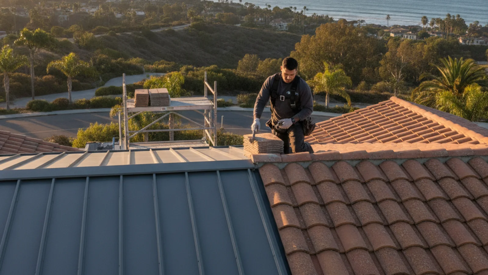 Split image showing a modern San Diego home with a charcoal standing seam metal roof next to a Spanish-style home with a terracotta stone-coated steel roof.