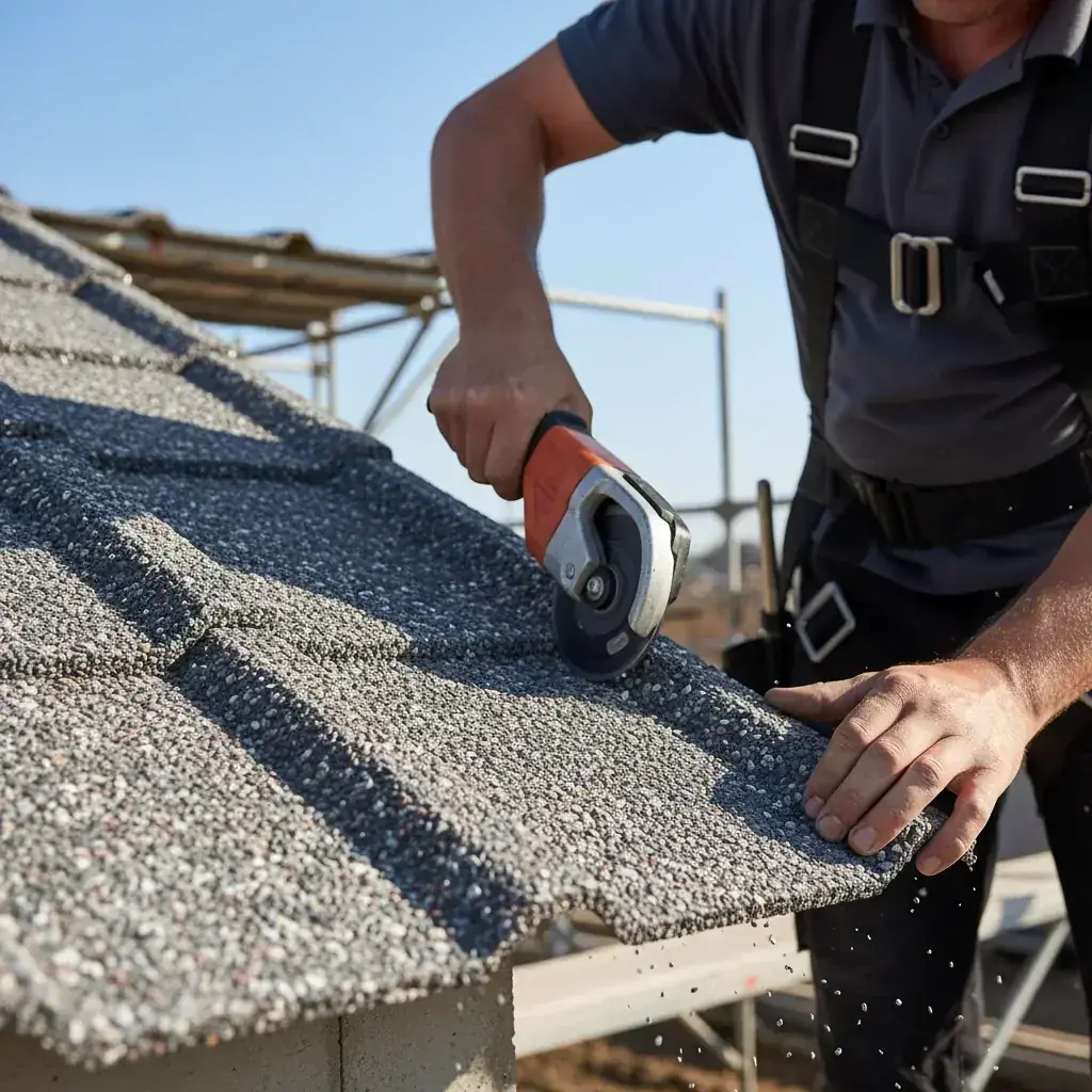 Close-up of a stone-coated steel roof panel, highlighting the granular texture and interlocking design.