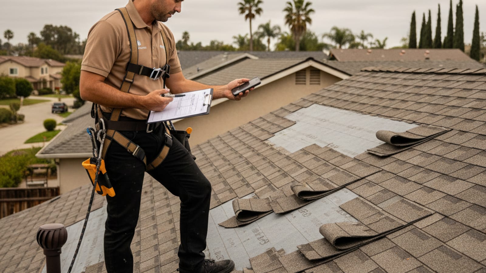 Roofer documenting storm damage to a shingle roof with photos and a clipboard for insurance claim submission on a San Diego home