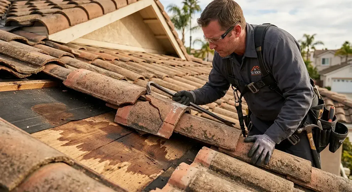 A roofer lifting a concrete tile on a San Diego home to inspect underlayment condition, showing visible cracking and degradation of the 30-lb felt beneath the still-intact tile