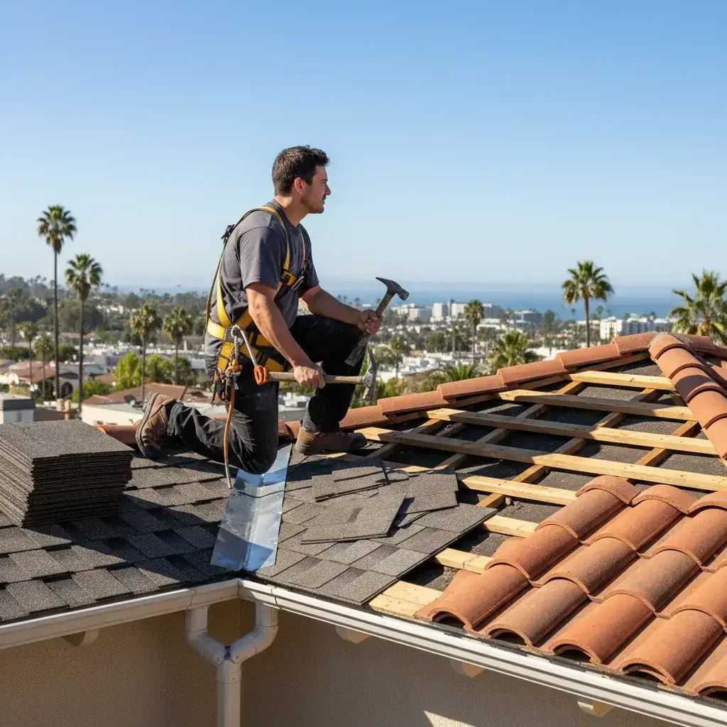 Side-by-side view of a clay tile roof on a San Diego Spanish Revival home next to an architectural asphalt shingle roof on a contemporary home, used to frame an honest comparison of tile roof disadvantages