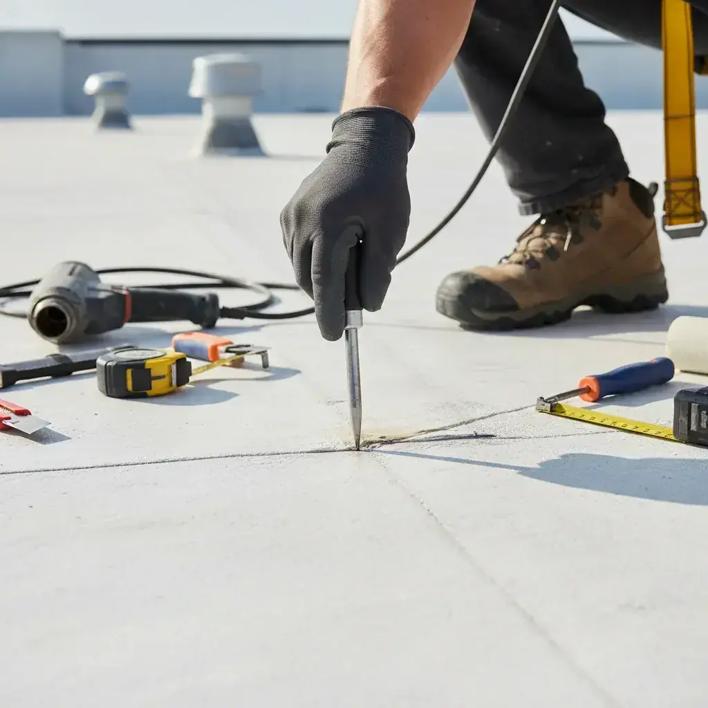 A close-up view of a roofer using a seam probe to test a heat-welded TPO roofing joint.