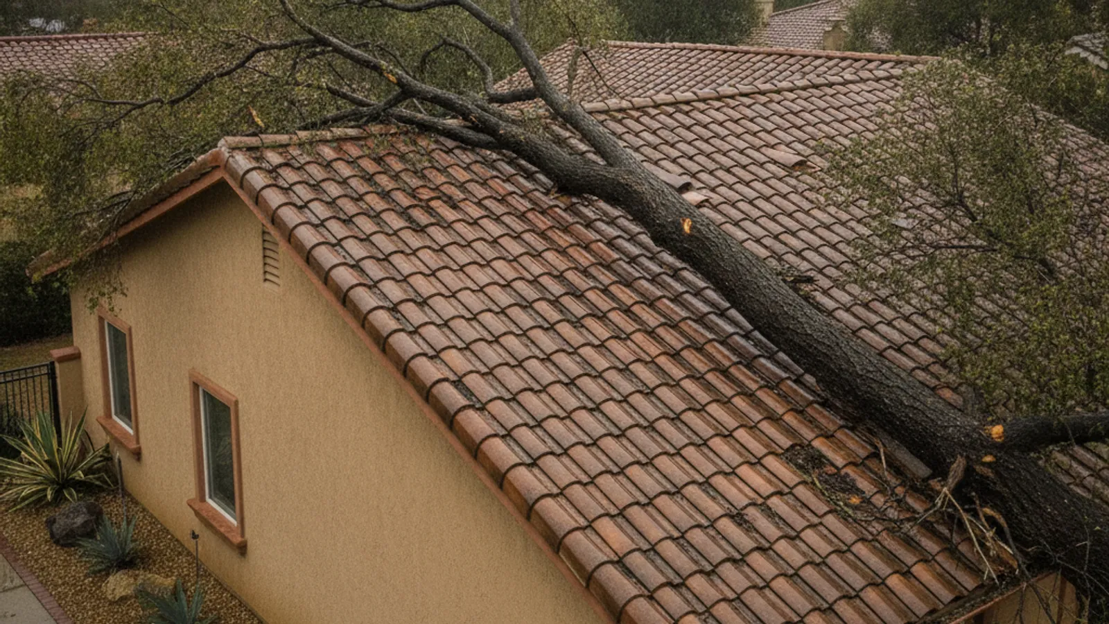 A large fallen tree limb resting across broken tile roofing on a San Diego home the morning after a storm