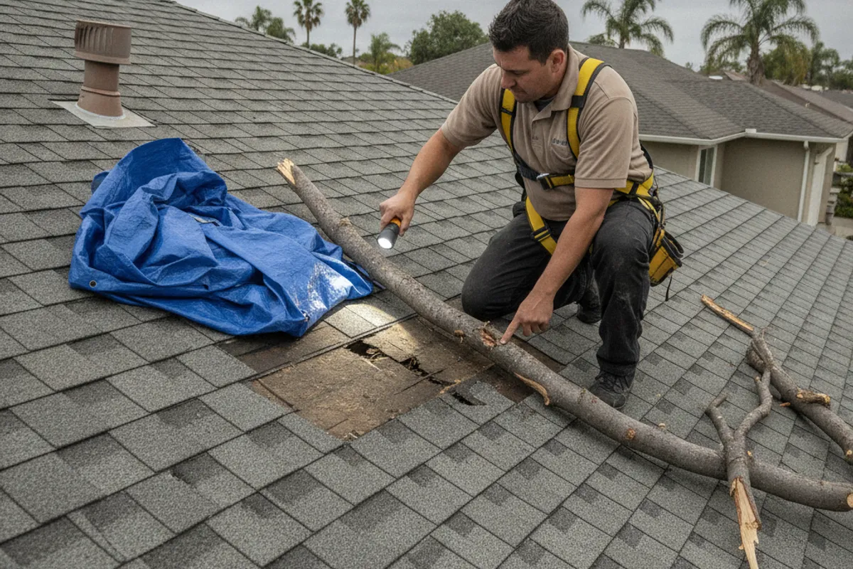 A San Diego roofer examining cracked roof decking near a fallen tree limb before installing an emergency tarp