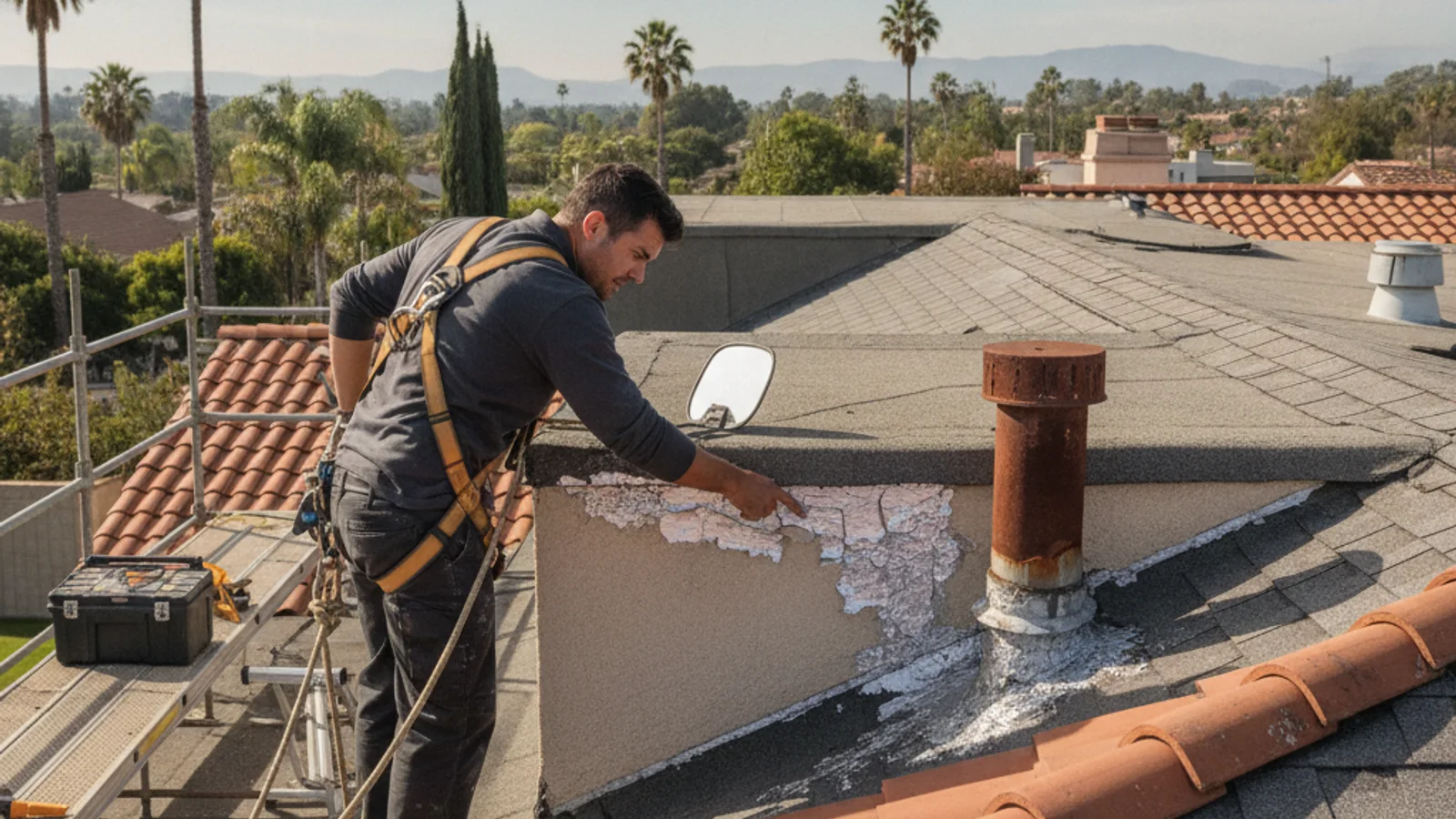 A bead of roof sealant along a metal flashing joint while a roofer inspects the surrounding shingles and decking