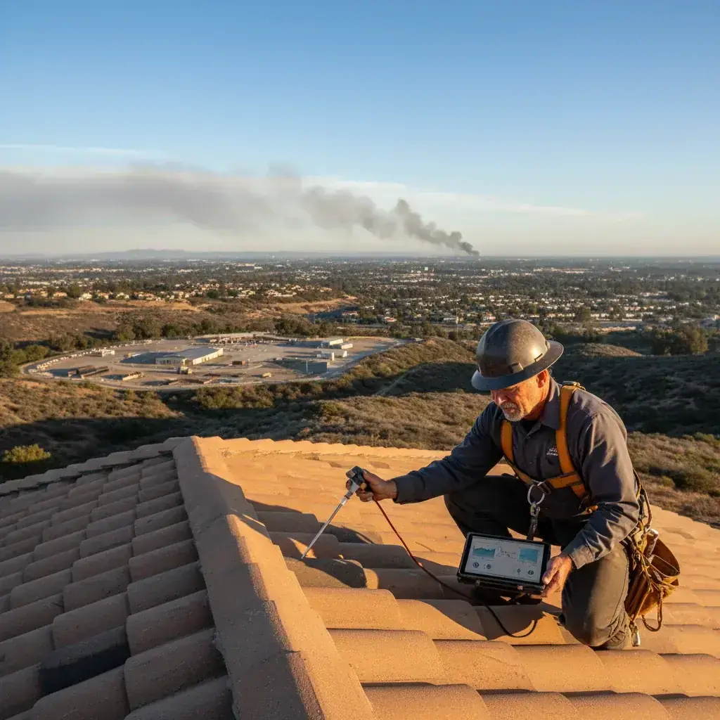 A Class A fire-rated tile roof on a San Diego County home bordering a brush-covered hillside