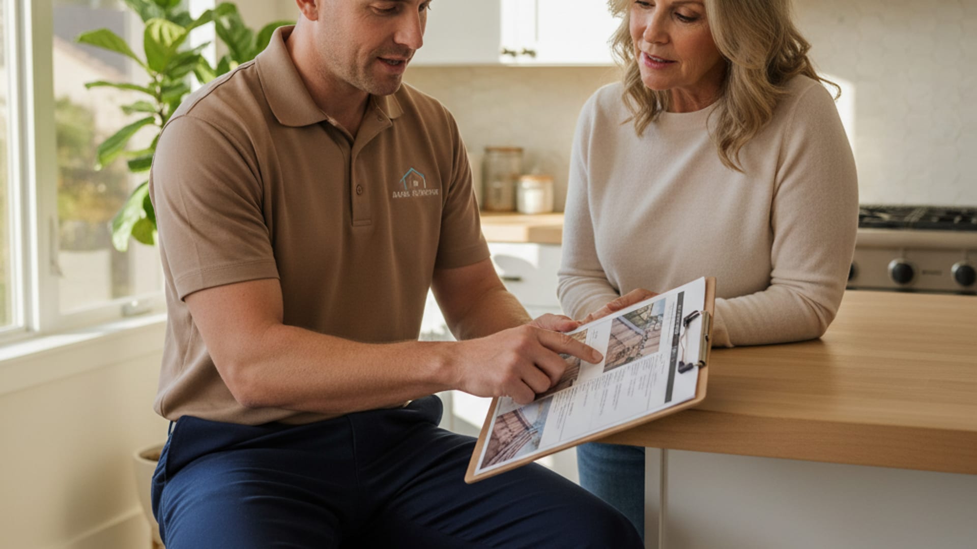 Licensed roofer walking a homeowner through a written roof inspection report in a warm well-lit San Diego living room